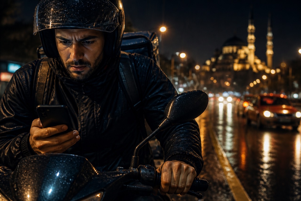 Yağmurlu gecede motosikleti üzerinde acil teslimat adresini kontrol eden kurye