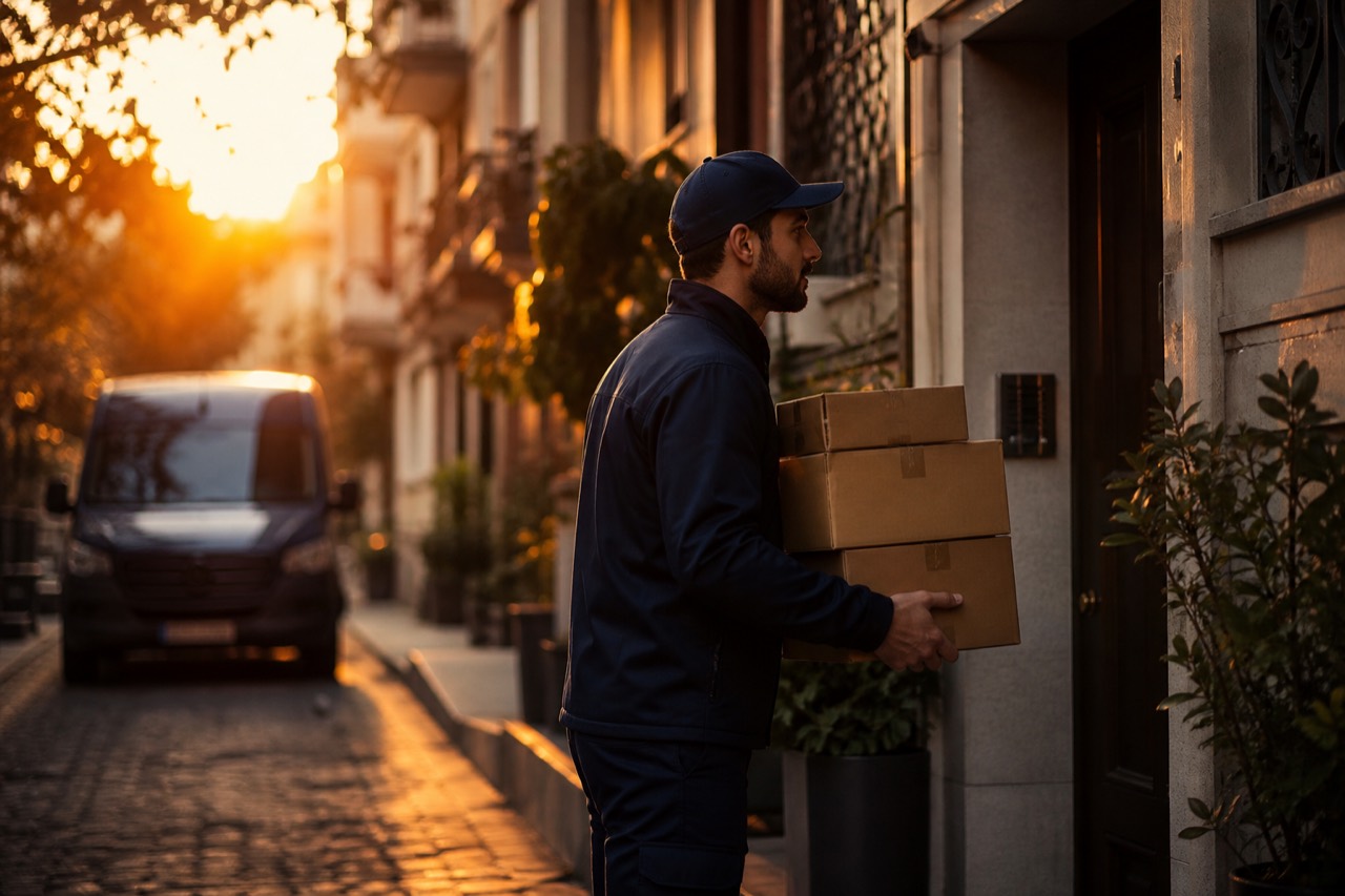 Lacivert üniformalı kurye, gün batımında apartman girişine kargo paketleri getiriyor