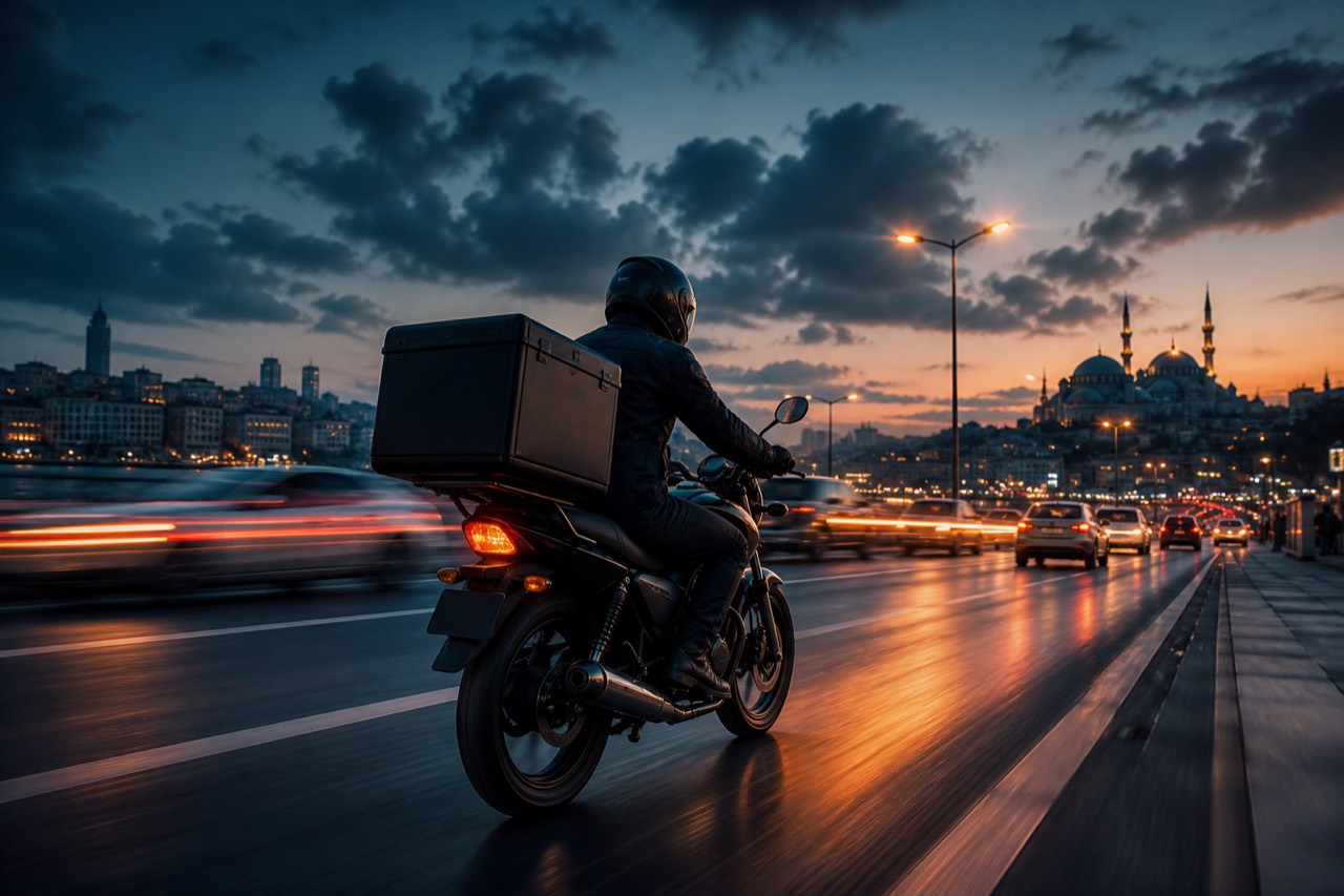 İstanbul trafiğinde arka kutulu motosikletiyle ilerleyen moto kurye