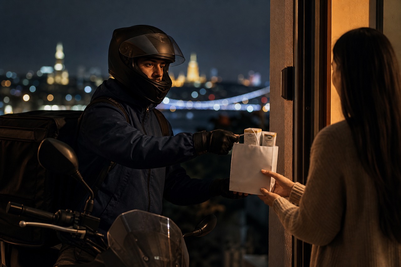 Gece motokurye, apartman kapısında müşteriye eczane poşetiyle ilaç teslim ediyor